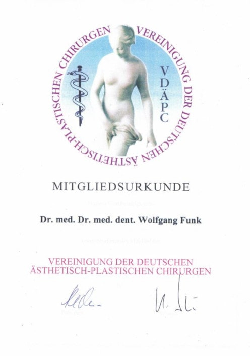 Mitgliedsurkunde - Vereinigung der Deutschen Ästhetisch-Plastischen Chirurgen