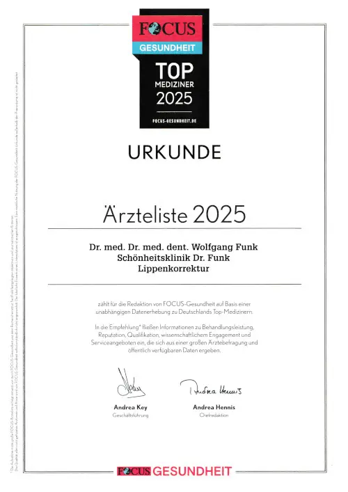 Urkunde - Herausgeber ist Focus Gesundheit - mit Inhalt, dass Dr. Wolfgang Funk Top-Mediziner im Bereich 'Lippenkorrektur' ist